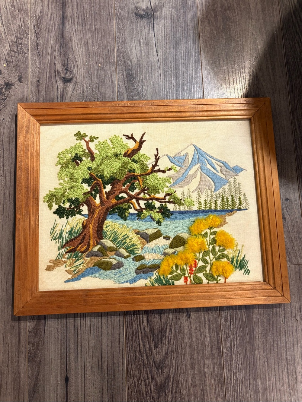 Vintage Crewel embroidery scenic wall art 3D Mountain Creek Trees framed